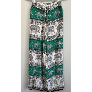 Palazzo Pants Sz XS Bohemian Elephant Print Wide Leg Harem Tie Green White